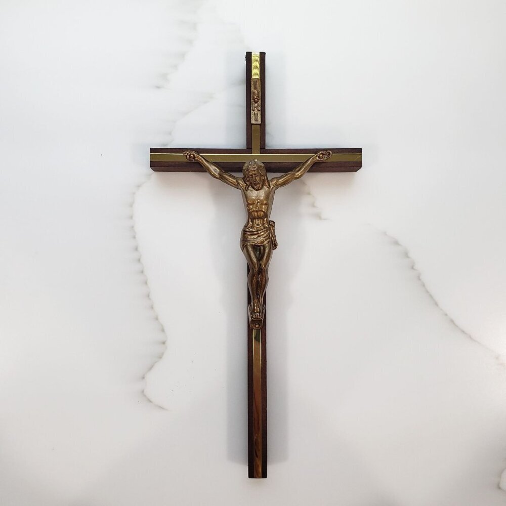 VTG Wood &‎ Metal Brass? Crucifix Wall Hanging 10" x 5" in Box Christ Cross USA